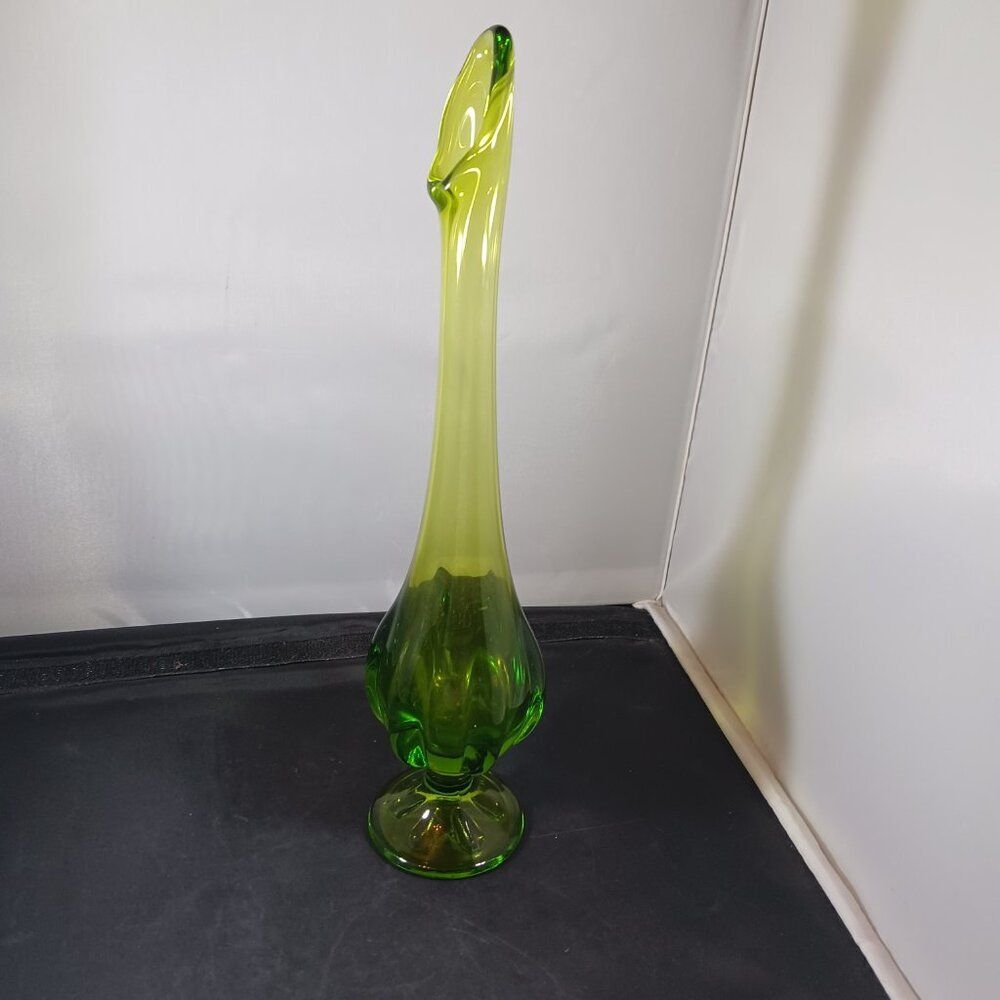 Vintage Viking Swung Vase Avocado Green Glass 6 Petal Base MCM 12"